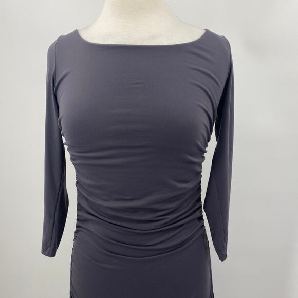 Susana Monaco Dress Ruched Bodycon Long Sleeves Boat Neck Stretchy Grey Womens L - Picture 3 of 8